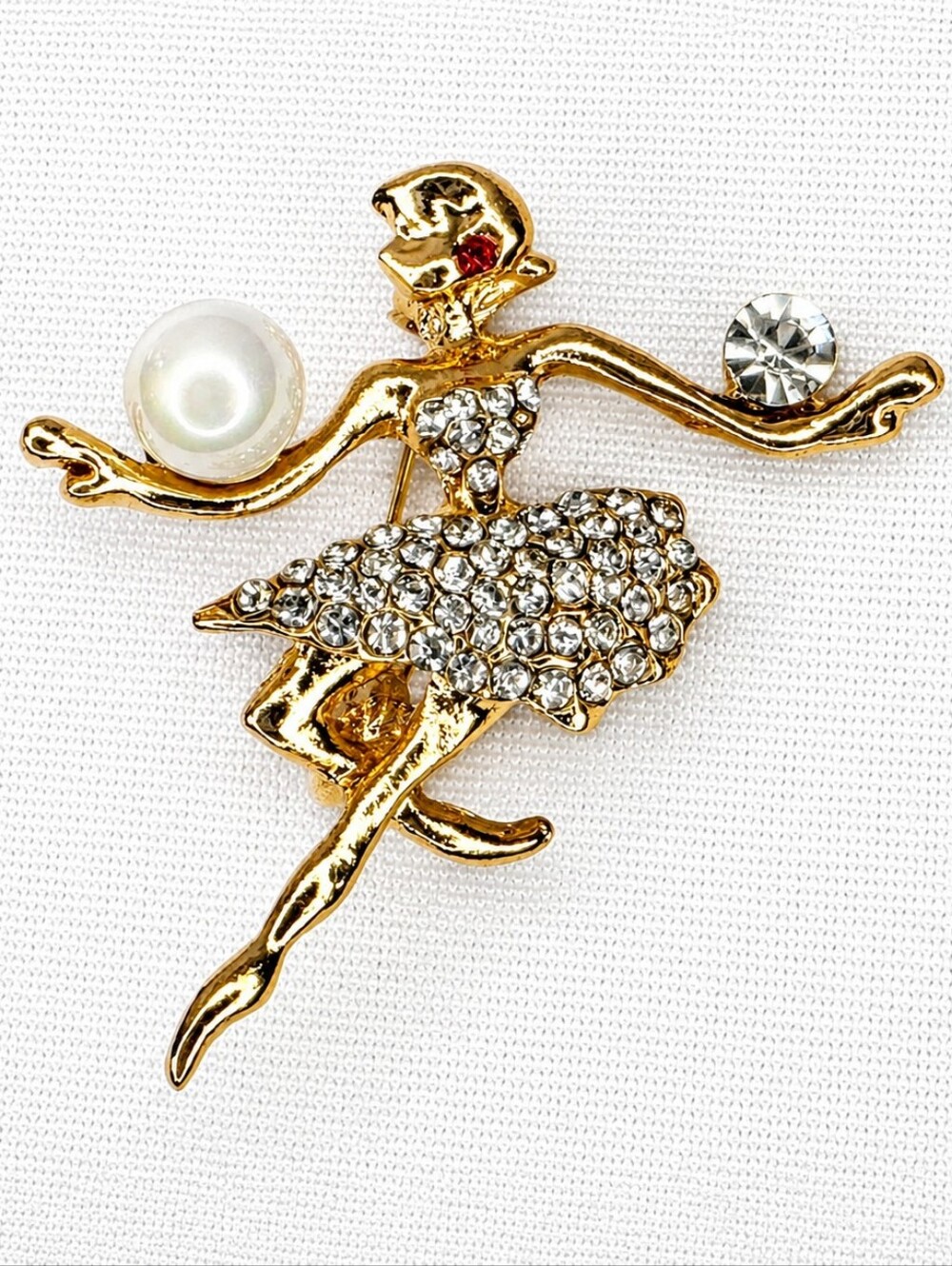 Vintage Style Rhinestone Ballerina Brooch Pin Faux Pearl Gold Tone EUC